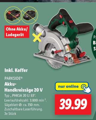 PARKSIDE® Akku-Handkreissäge 20 V