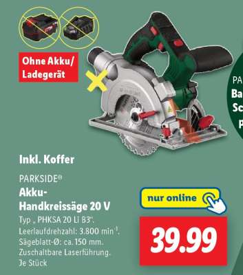 PARKSIDE® Akku-Handkreissäge 20 V
