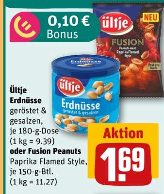 Ültje Erdnüsse geröstet & gesalzen, je 180-g-Dose (1 kg = 9.39) oder Fusion Peanuts Paprika Flamed Style, je 150-g-Btl. (1 kg = 11.27)