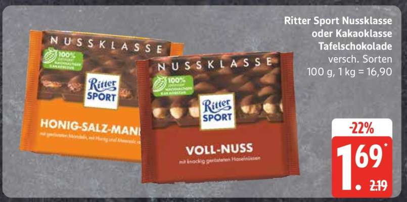 Ritter Sport Nussklasse oder Kakaoklasse Tafelschokolade