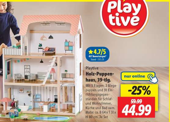 Playtive Holz-Puppenhaus, 39-tlg.
