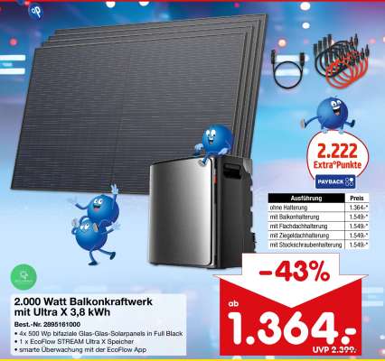 2.000 Watt Balkonkraftwerk mit Ultra X 3,8 kWh