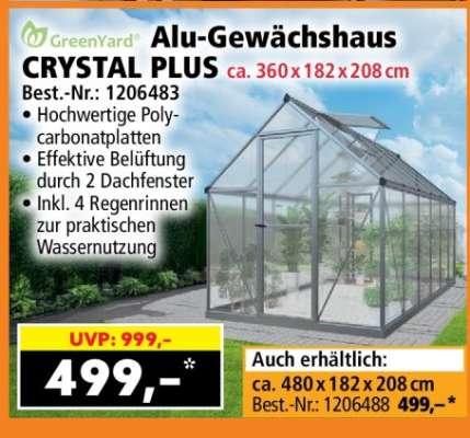 Alu-Gewächshaus CRYSTAL PLUS ca. 360 x 182 x 208 cm