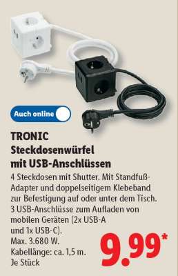 TRONIC Steckdosenwürfel mit USB-Anschlüssen