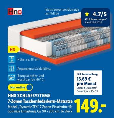 Hn8 Schlafsysteme 7-Zonen Taschenfederkern-Matratze