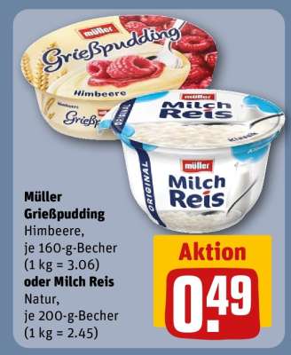 Müller Grießpudding Himbeere oder Milch Reis natur