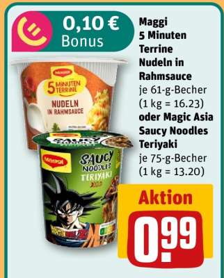 Maggi 5 Minuten Terrine Nudeln in Rahmsauce oder Magic Asia Saucy Noodles Teriyaki