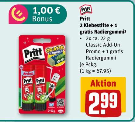 Pritt 2 Klebestifte + 1 gratis Radiergummi³