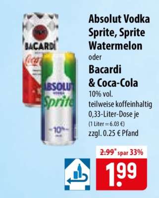 Absolut Vodka Sprite, Sprite Watermelon oder Bacardi & Coca-Cola