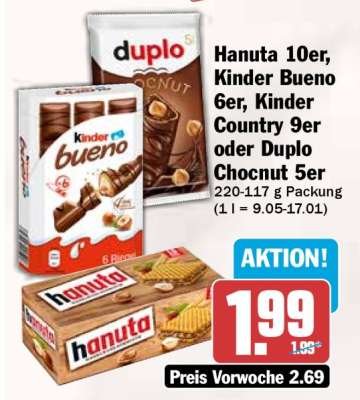 Hanuta 10er, Kinder Bueno 6er, Kinder Country 9er oder Duplo Chocnut 5er