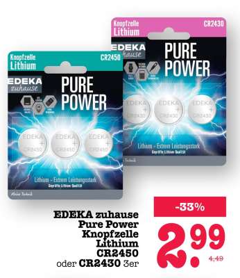 EDEKA zuhause Pure Power Knopfzelle Lithium CR2450 oder CR2430 3er