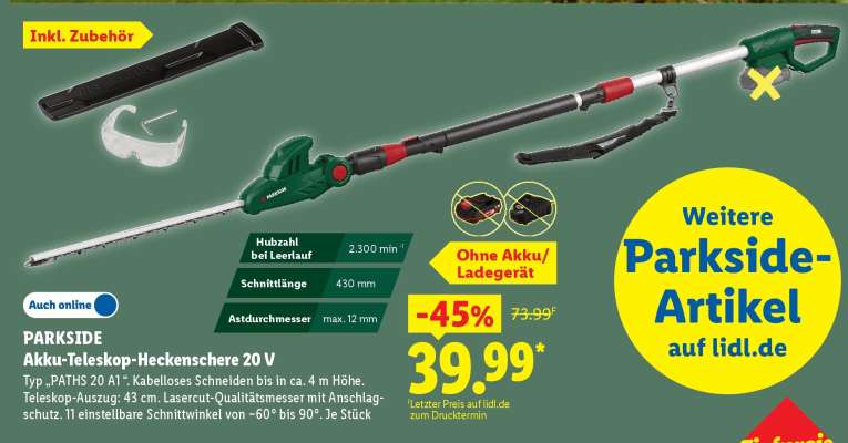PARKSIDE Akku-Teleskop-Heckenschere, 20 V