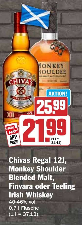 Chivas Regal 12J, Monkey Shoulder Blended Malt, Finvara oder Teeling Irish Whiskey