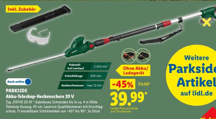 PARKSIDE Akku-Teleskop-Heckenschere, 20 V