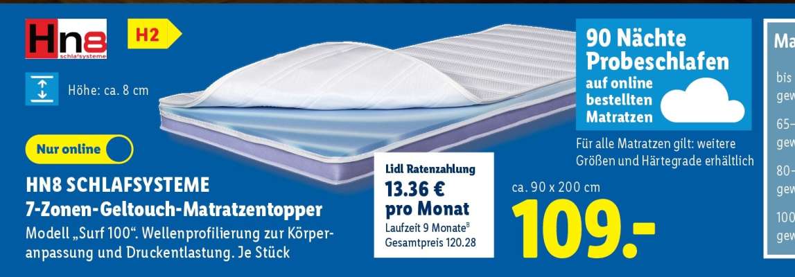 HN8 SCHLAFSYSTEME 7-Zonen Geltouch-Matratzentopper