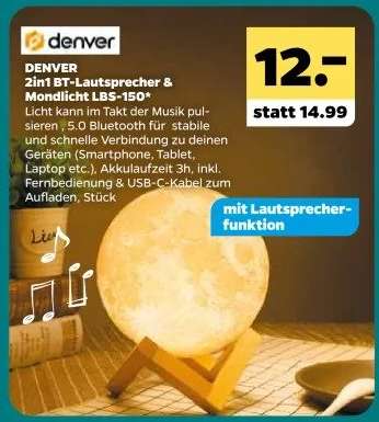 DENVER 2in1 BT-Lautsprecher & Mondlicht LBS-150
