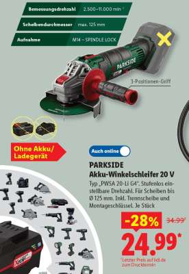 Parkside Akku-Winkelschleifer 20 V