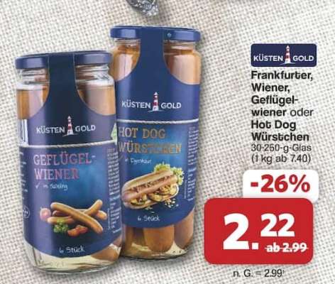 KÜSTEN GOLD Frankfurter, Wiener, Geflügelwiener oder Hot Dog Würstchen