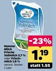 Hemme Milch Frische Vollmilch 3,7% oder Frischmilch 1,8%