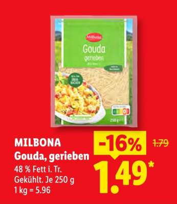 Milbona Gouda, gerieben