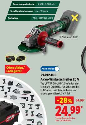 Parkside Akku-Winkelschleifer 20 V