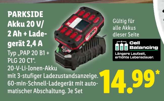 PARKSIDE Akku 20 V/2 Ah + Ladegerät 2,4 A