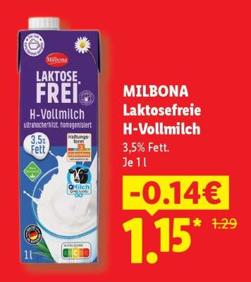 Milbona Laktosefreie H-Vollmilch