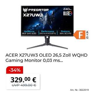ACER X27UW3 OLED 26,5 Zoll WQHD Gaming Monitor 0,03 ms