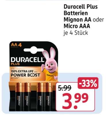 Duracell Plus Batterien Mignon AA oder Micro AAA je 4 Stück