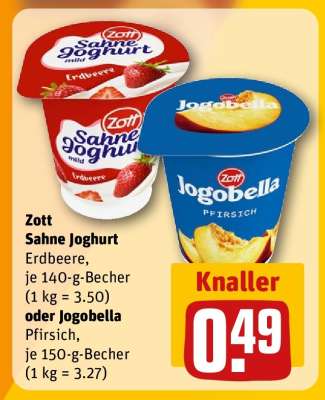 Zott Sahne Joghurt Erdbeere oder Jogobella Pfirsich